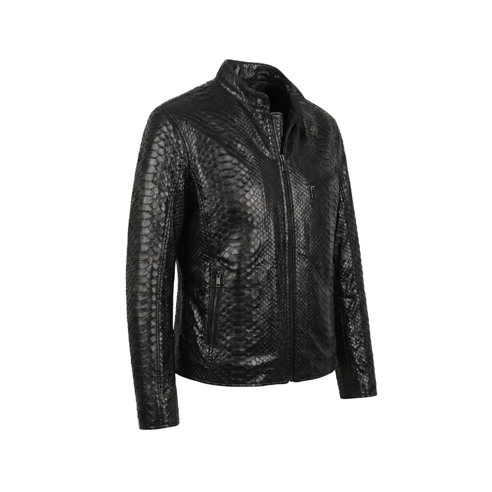 Black Python Texture Leather Jacket