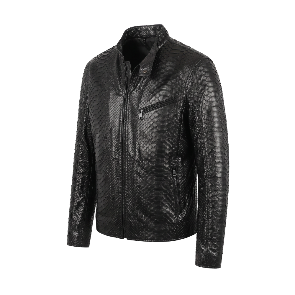 Black Python Texture Leather Jacket