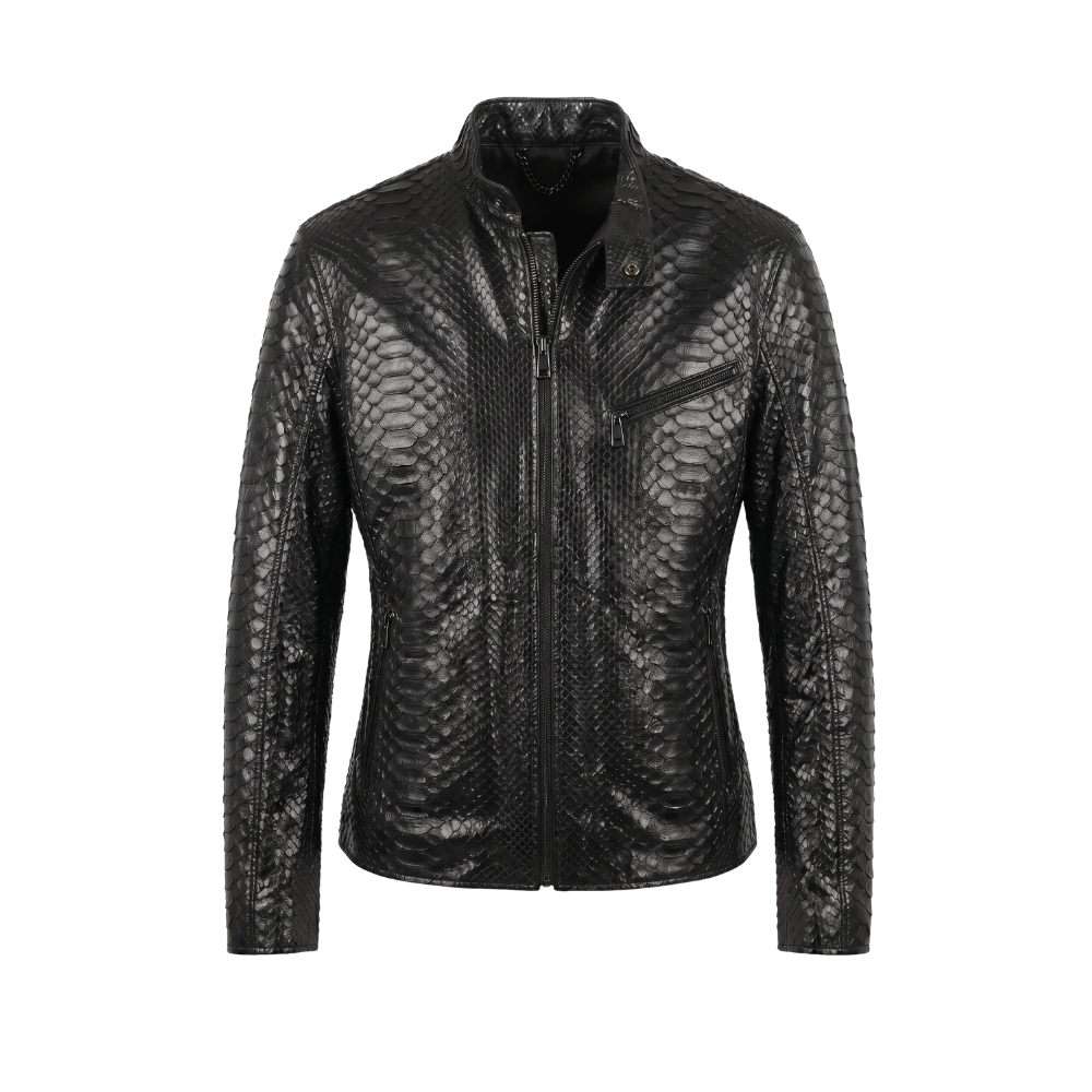 Black Python Texture Leather Jacket